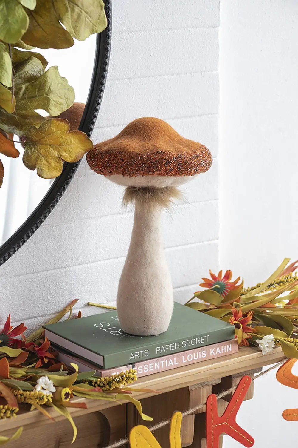 Mushroom holiday ornament sculpture in beige/orange with felted stem for harvest decor on Tampa Home & Garden Store