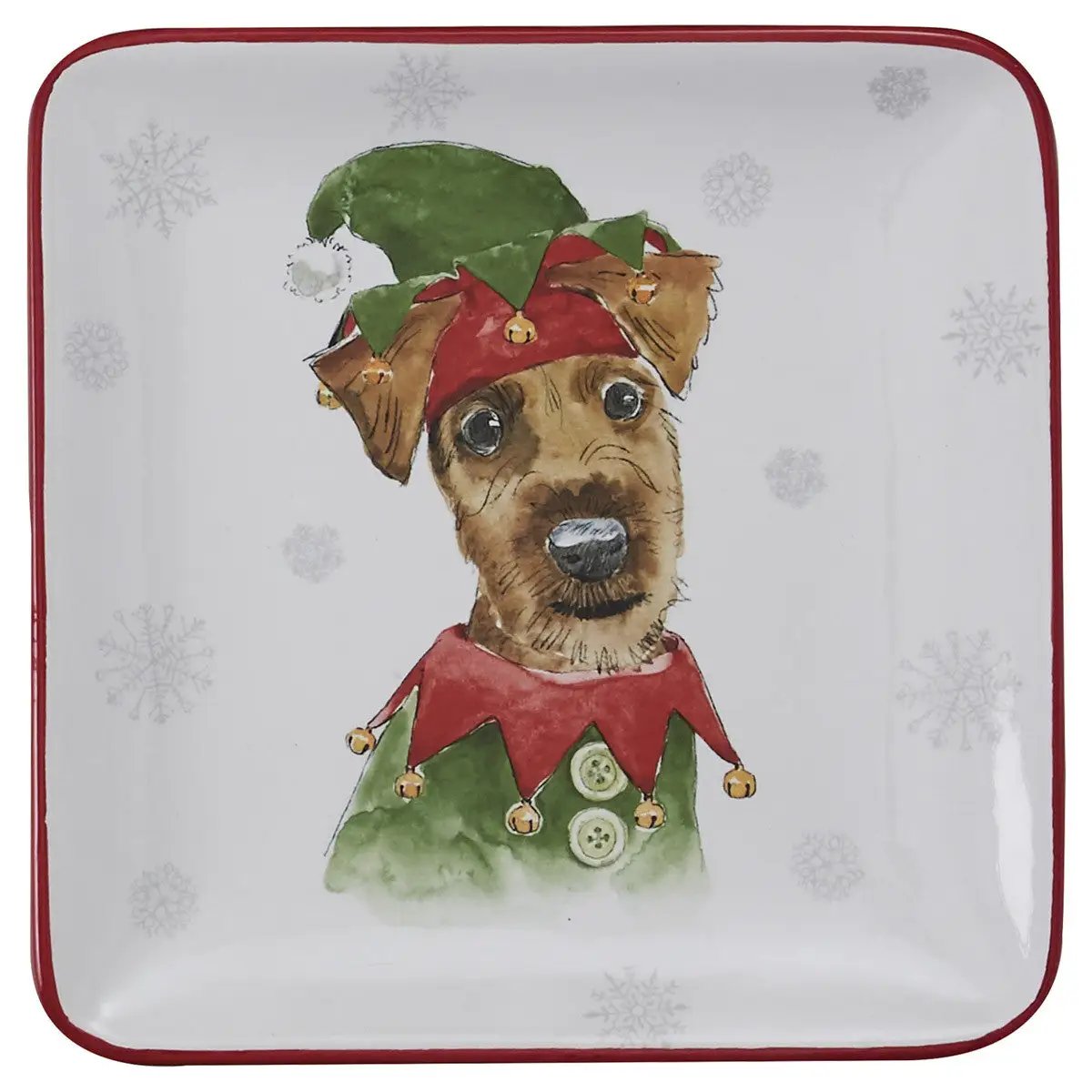 Holiday Paws Salad and Dessert Plate shows a dog in an elf hat on white ceramic with red rim on Tampa Home & Garden Store