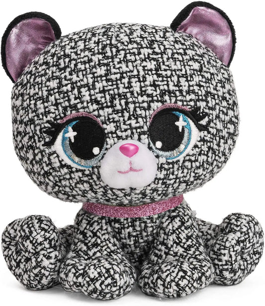 Khloe O'Bearci plush bear by P Lushes Pets, tweed fabric, blue eyes, pink nose, collar on Tampa Home & Garden Store