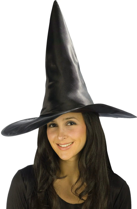 Deluxe satin witch hat in black worn by woman for Halloween costume accessory on Tampa Home & Garden Store