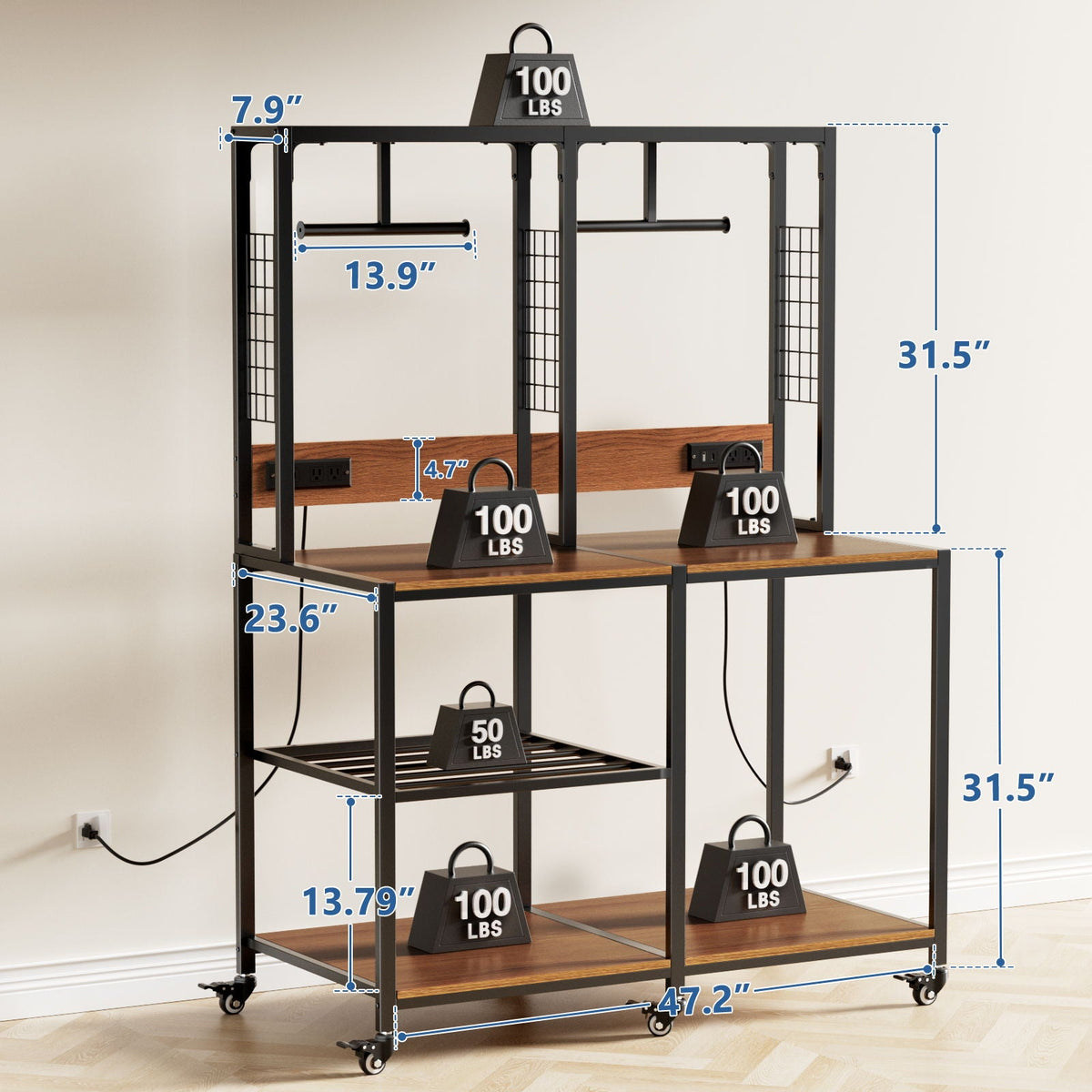 Double 3D Printer Stand and Filament Storage in black metal frame with wood shelves and casters on Tampa Home & Garden Store