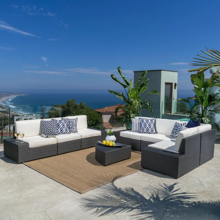 Santa Cruz Outdoor 8pc Sectional Set in dark brown wicker with white cushions on Tampa Home & Garden Store