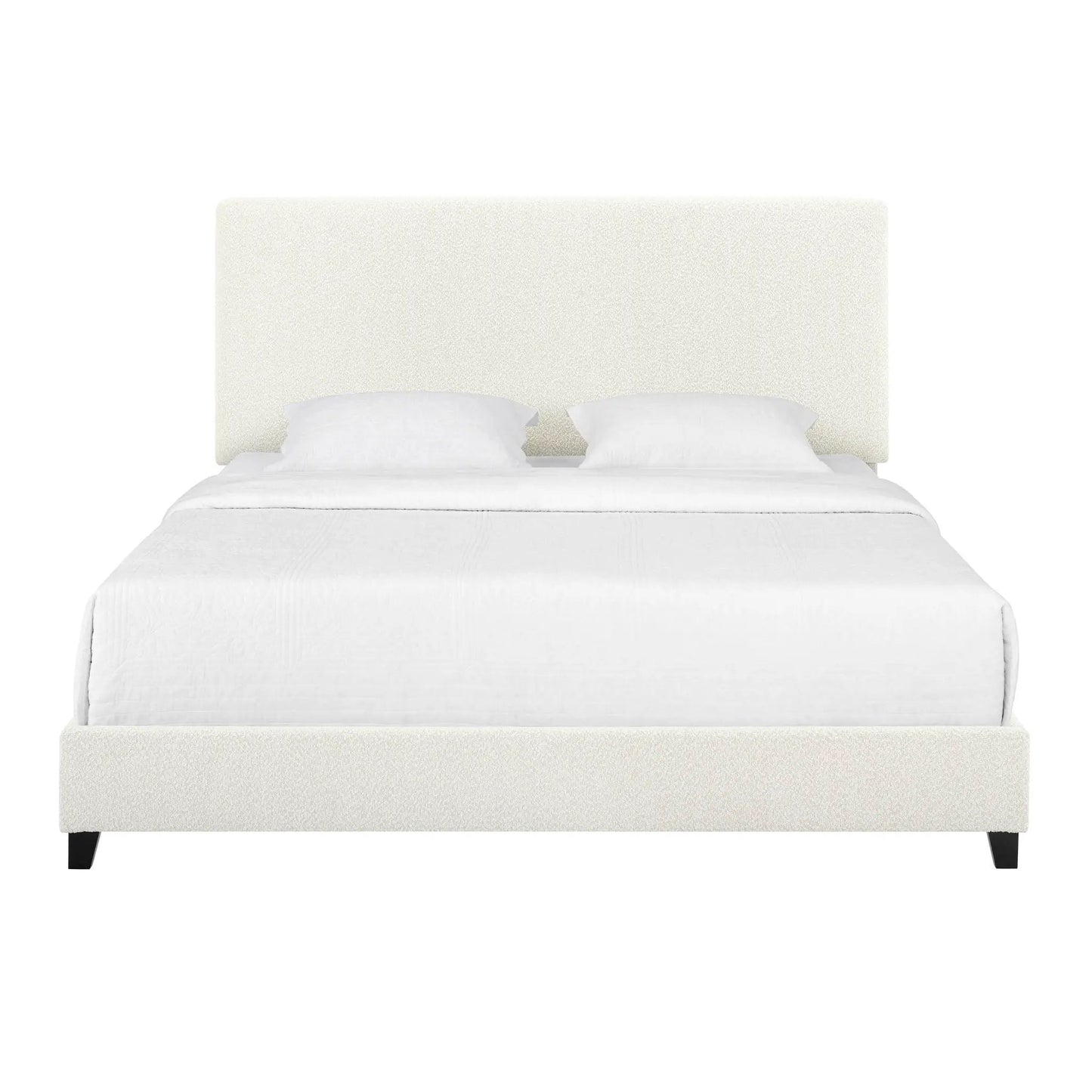Platform bed with cream upholstered headboard and base, white bedding, Unique Piece Furniture on Tampa Home & Garden Store