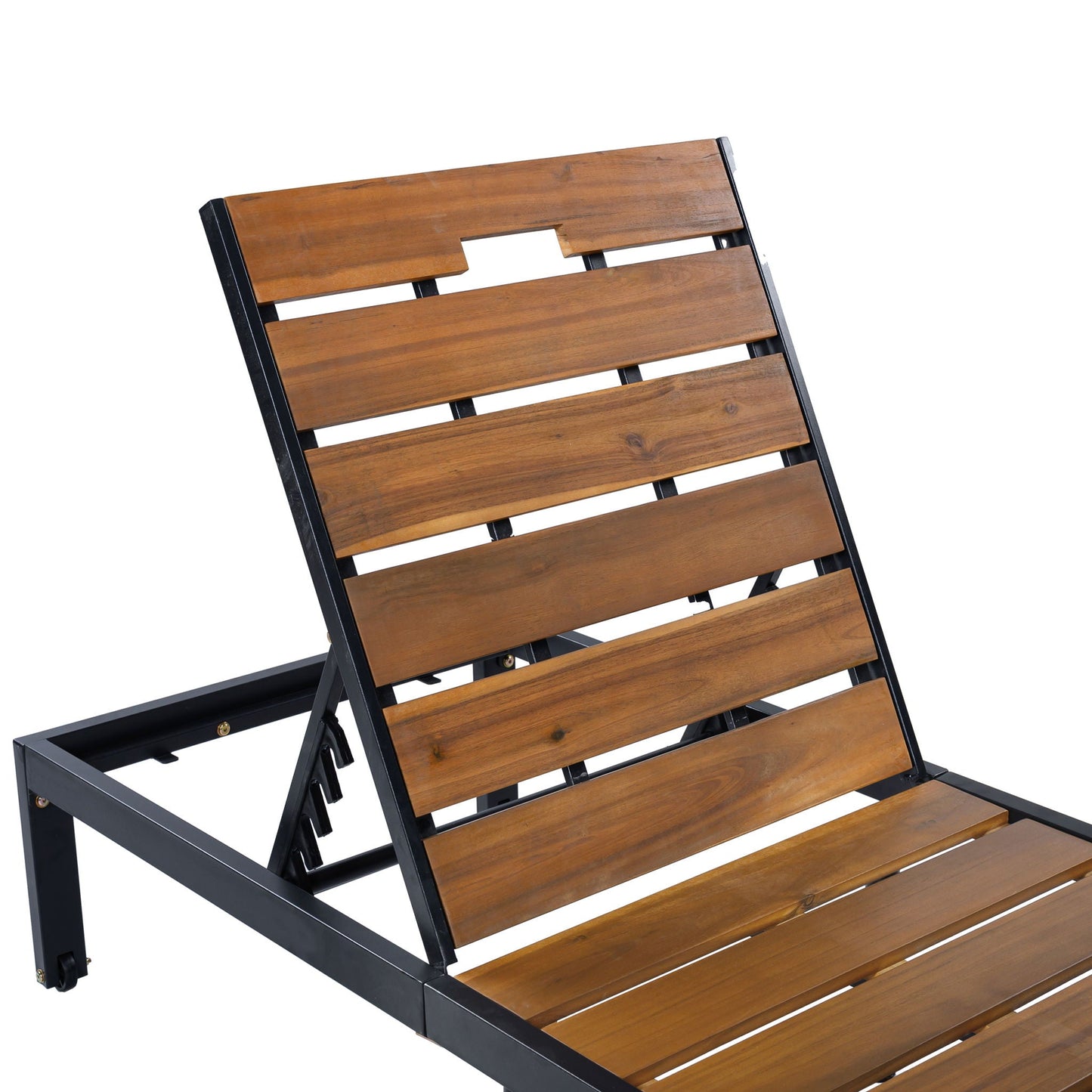 Outdoor Chaise With Adjustable Backrest with wooden slats and black metal frame HouseOfZazla on Tampa Home & Garden Store