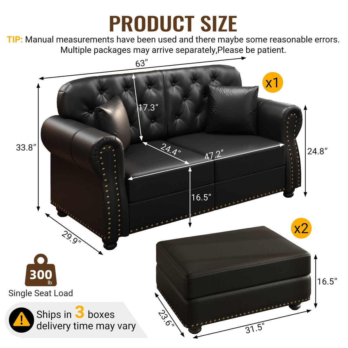 Upholstered Sofa with Nailhead and Ottoman