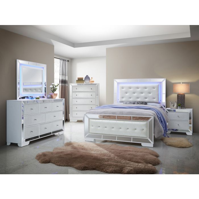 Elegant Modern Contemporary Bed white tufted panel bed with LED headboard and dresser on Tampa Home & Garden Store