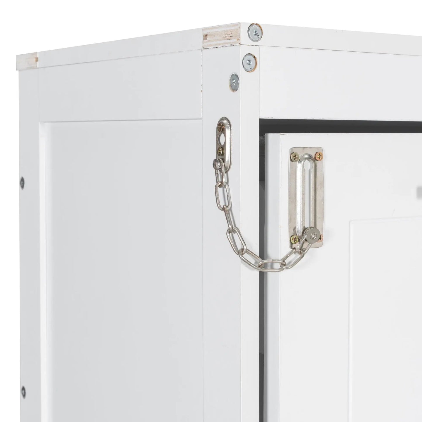 Murphy cabinet bed with folding sofa, white frame, visible metal hinges and chain hardware on Tampa Home & Garden Store