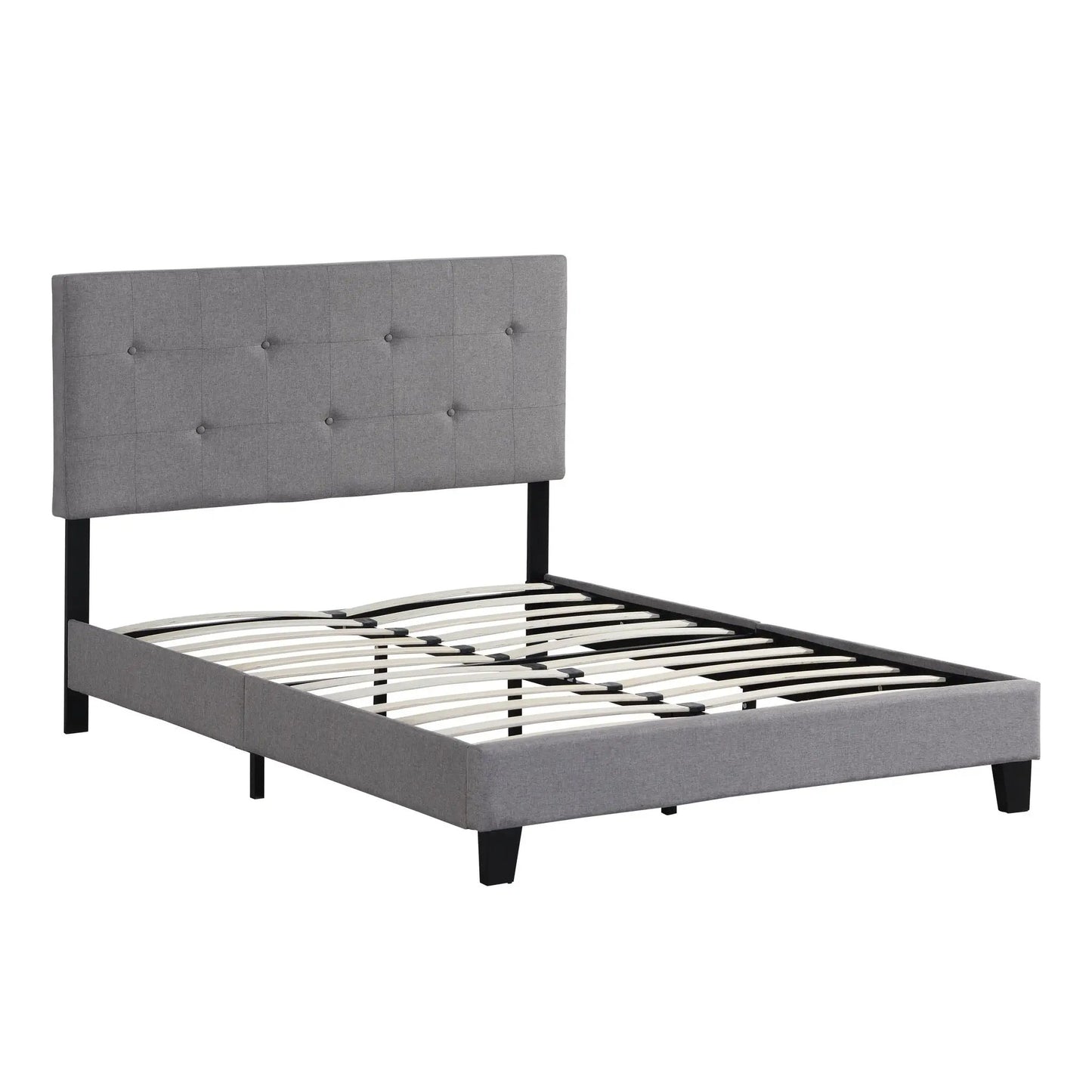 Modern upholstered platform bed frame with button tufted gray headboard and wood slat support on Tampa Home & Garden Store