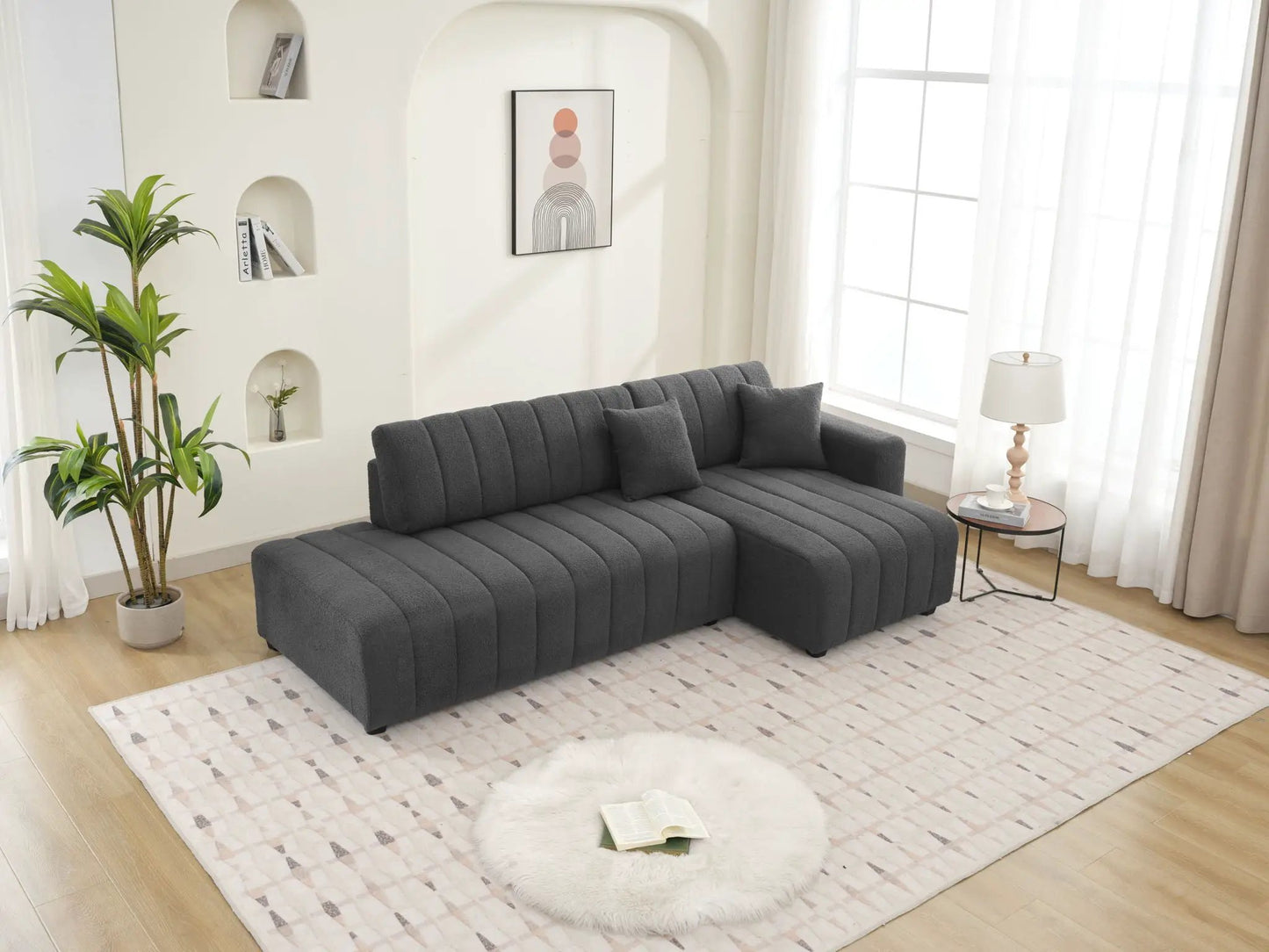 Jessica Lamb Wool Sectional Sofa Chaise in dark gray fabric stationary on Tampa Home & Garden Store
