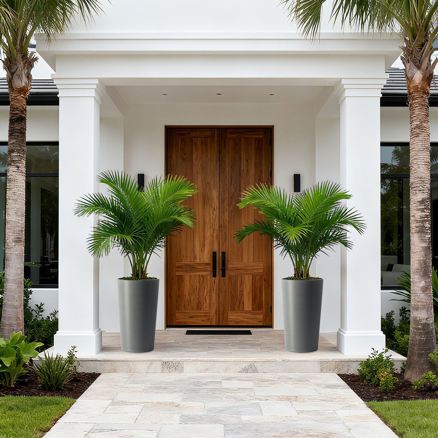 Planter For Outdoor: pair of tall grey planters by HouseOfZazla with palms at a white entry on Tampa Home & Garden Store