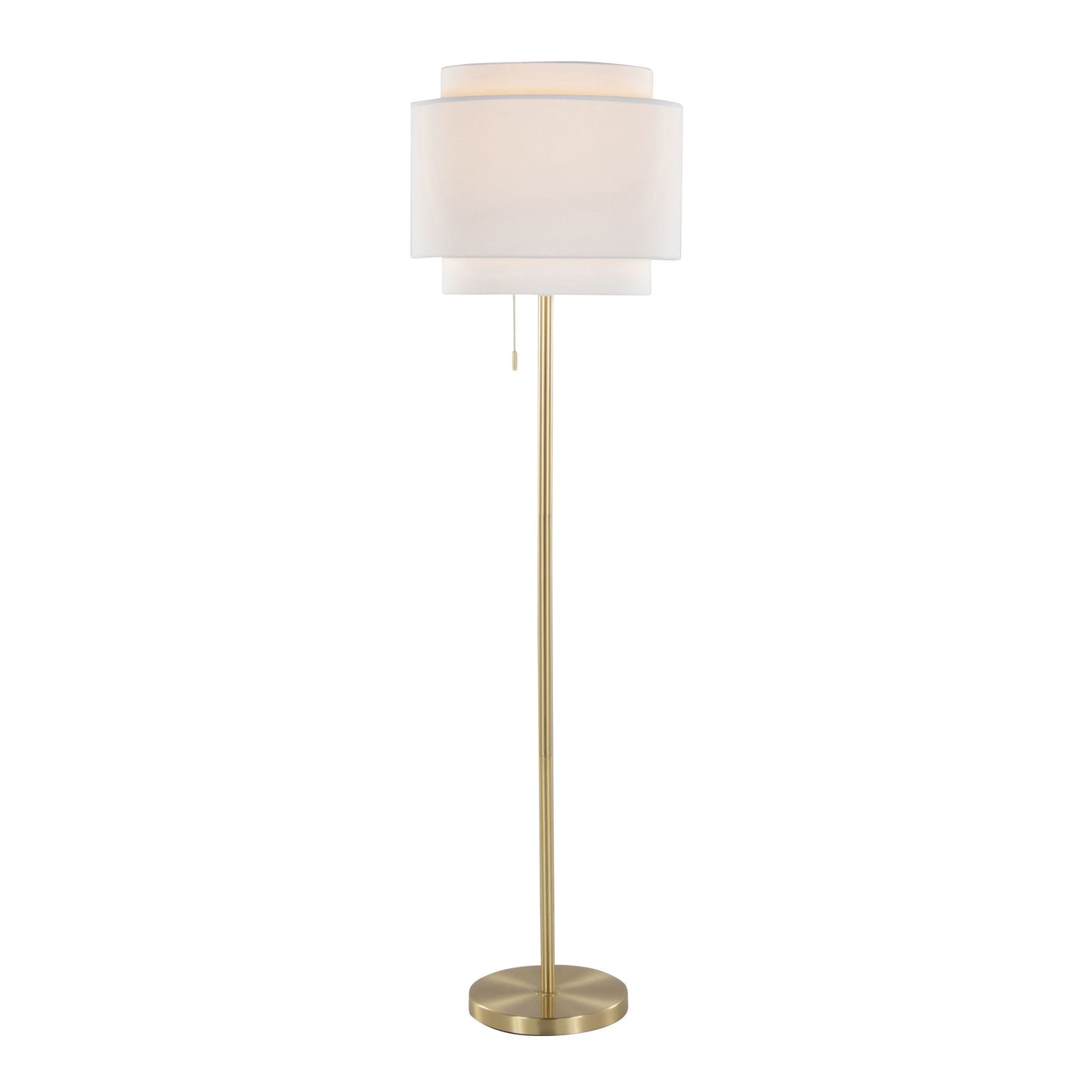 Tier Contemporary Floor Lamp by HouseOfZazla, white drum shade, brass base on Tampa Home & Garden Store
