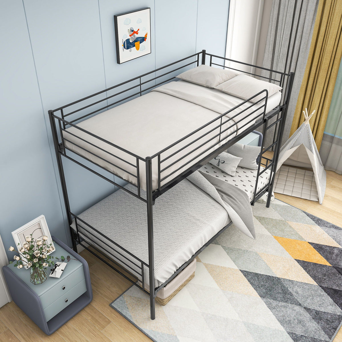 Twin over twin metal bunk bed in black with two twin mattresses by HouseOfZazla on Tampa Home & Garden Store