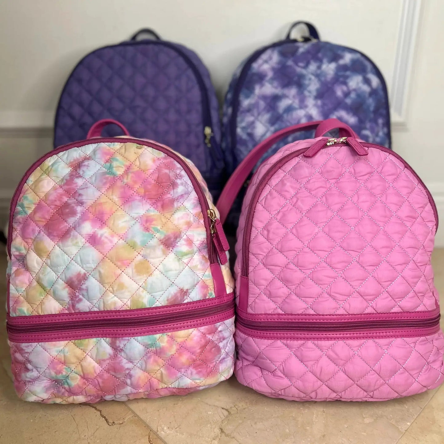 Alyssa Lightweight Nylon Backpack Purse pink quilted nylon with pink zippers set of 4 on Tampa Home & Garden Store