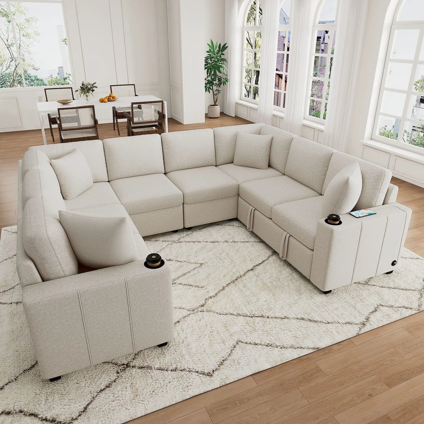 Modern U-shaped sectional sofa in beige with cup holders on Tampa Home & Garden Store