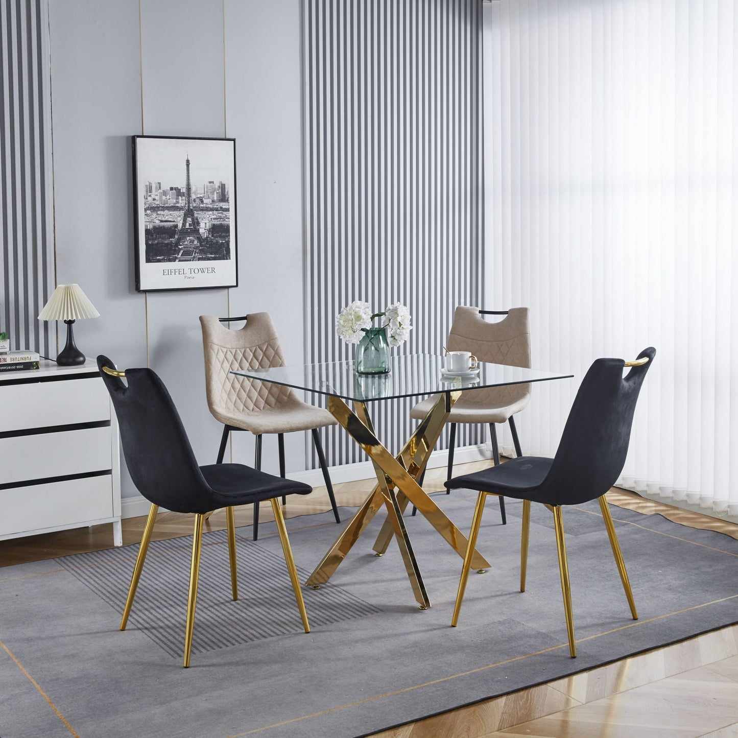Dining table with cross gold metal legs and tempered glass top, square modern dining table on Tampa Home & Garden Store