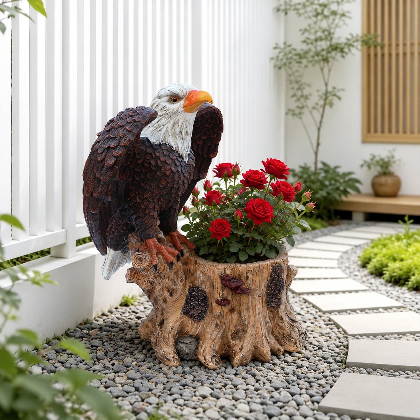 Majestic Eagle with Spread Wings Garden Planter Pot statue by HouseOfZazla with red roses on Tampa Home & Garden Store