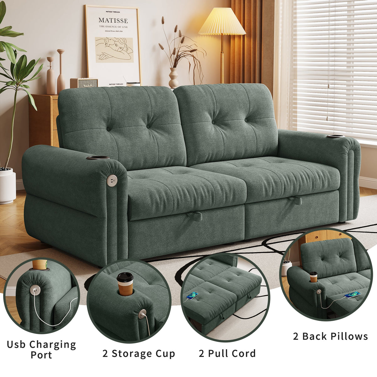 Chenille Convertible Sofa Bed teal green with tufted cushions and USB charging port on Tampa Home & Garden Store