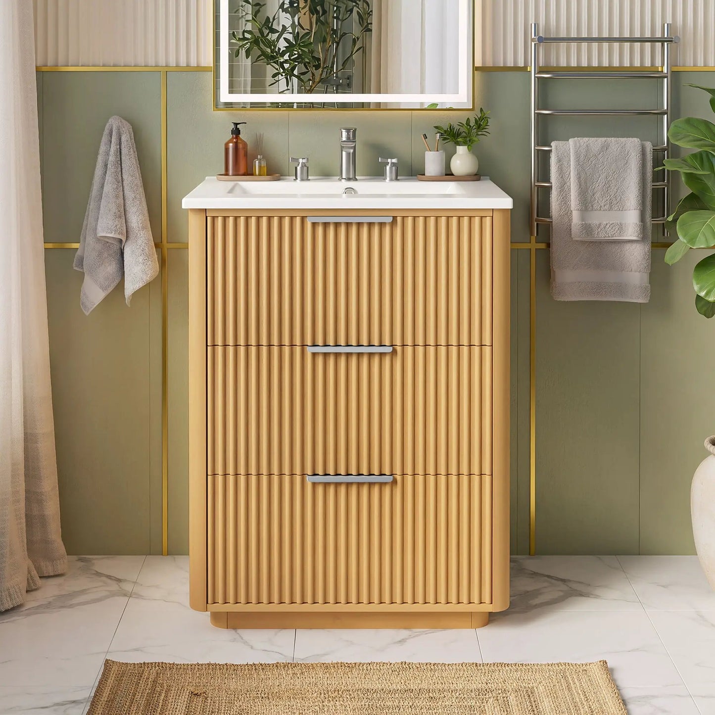Bathroom vanity with sink in natural wood, white countertop, vertical slat cabinet on Tampa Home & Garden Store