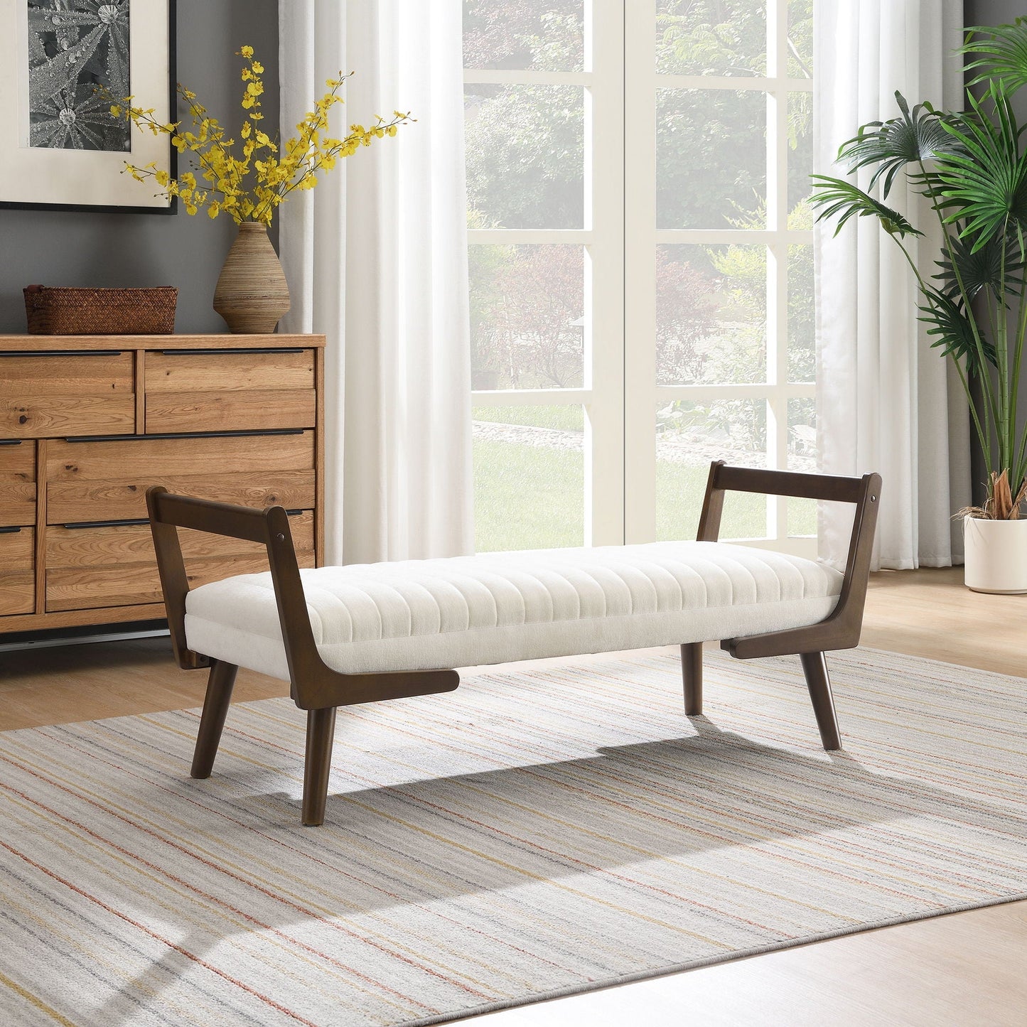 Mid-Century Bench With Wood Legs upholstered in beige fabric by HouseOfZazla on Tampa Home & Garden Store