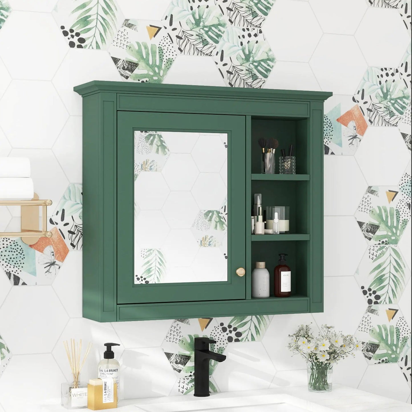 Wall Mounted Cabinet With Mirror and Open Shelves