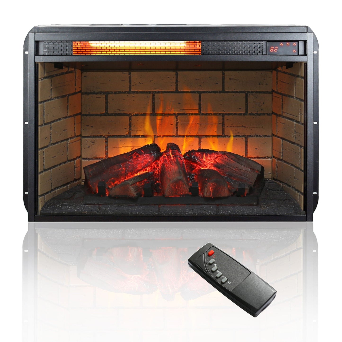 Infrared quartz heater fireplace insert Woodlog version with brick interior black metal frame on Tampa Home & Garden Store