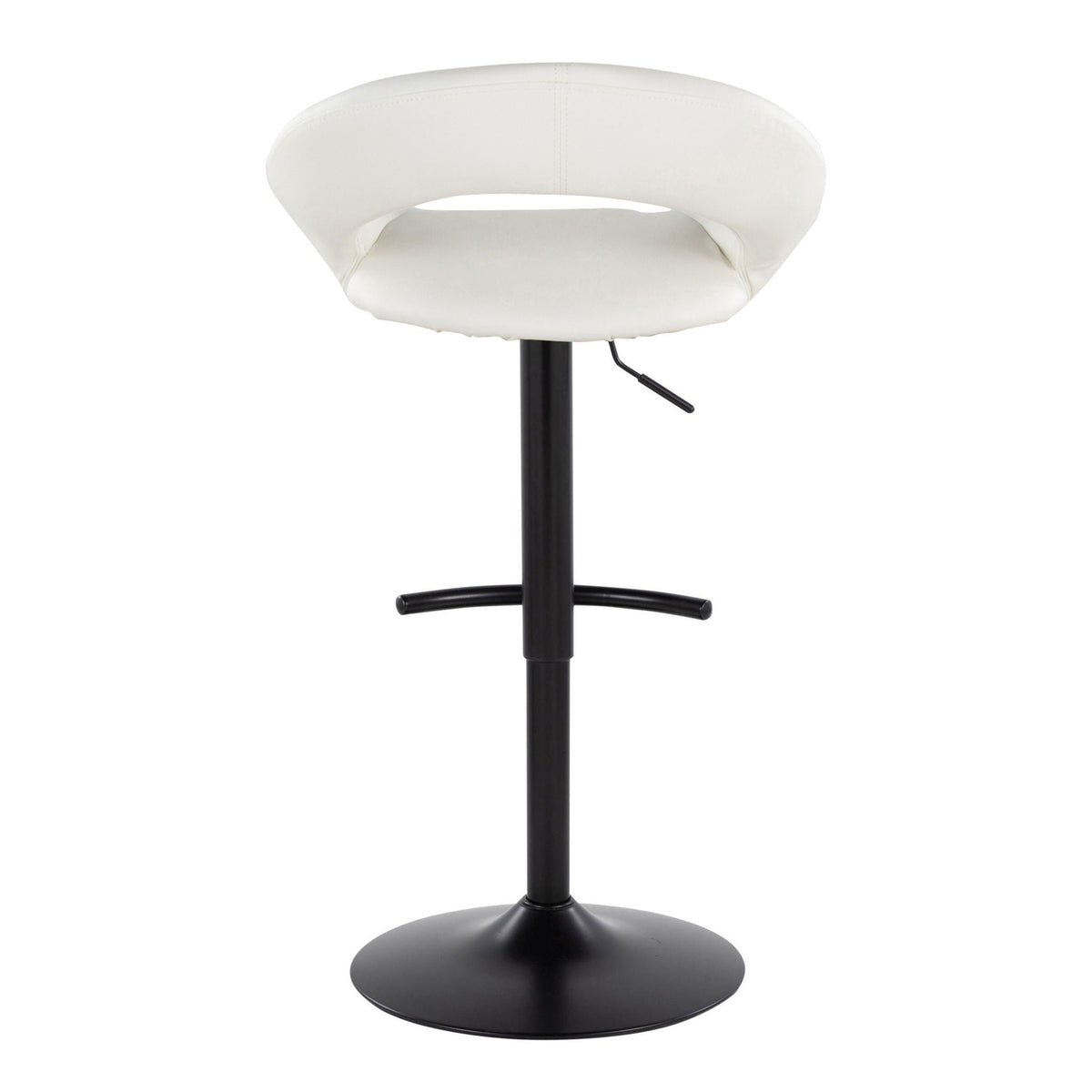 White padded adjustable barstool with curved back, swivel and circular footrest on black pedestal base on Tampa Home & Garden Store