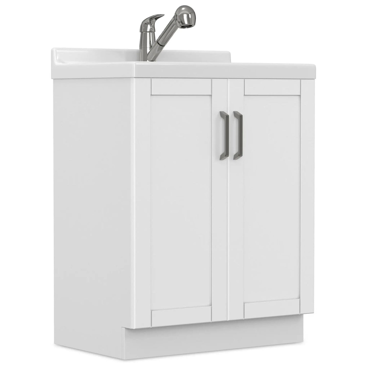 Kyle laundry vanity with stainless steel sink, chrome faucet, white cabinet with silver handles on Tampa Home & Garden Store