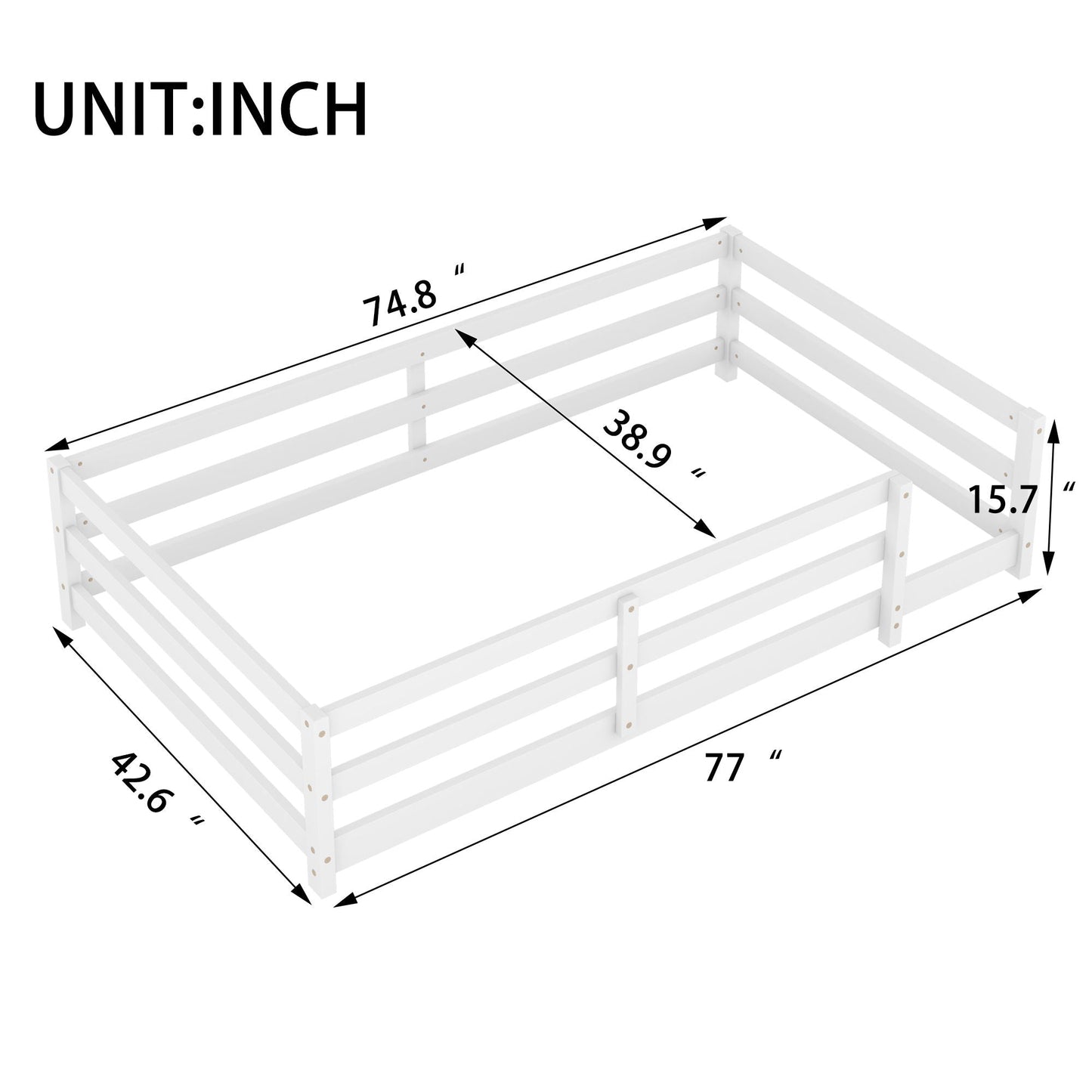 White twin-size Montessori floor bed with fence guard rails in a HouseOfZazla panel bed frame on Tampa Home & Garden Store