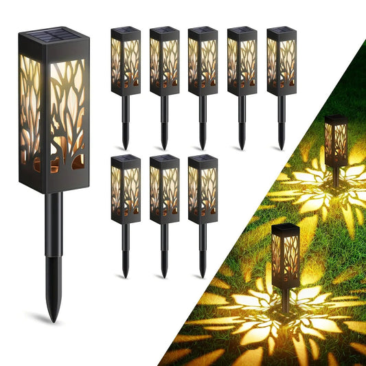 8-pack solar pathway lights with motion sensor, black metal lanterns with leaf cutouts on Tampa Home & Garden Store