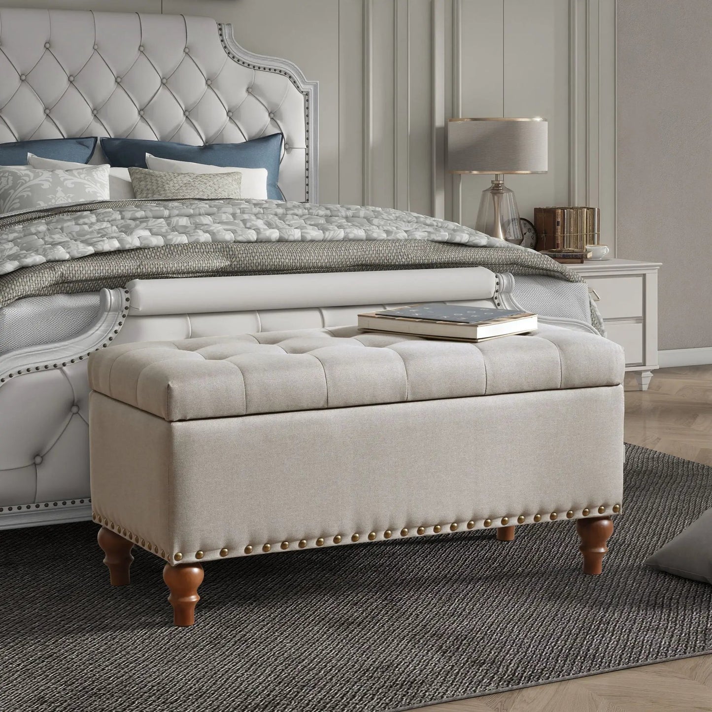 Upholstered Ottoman with Storage and Rivet Trim