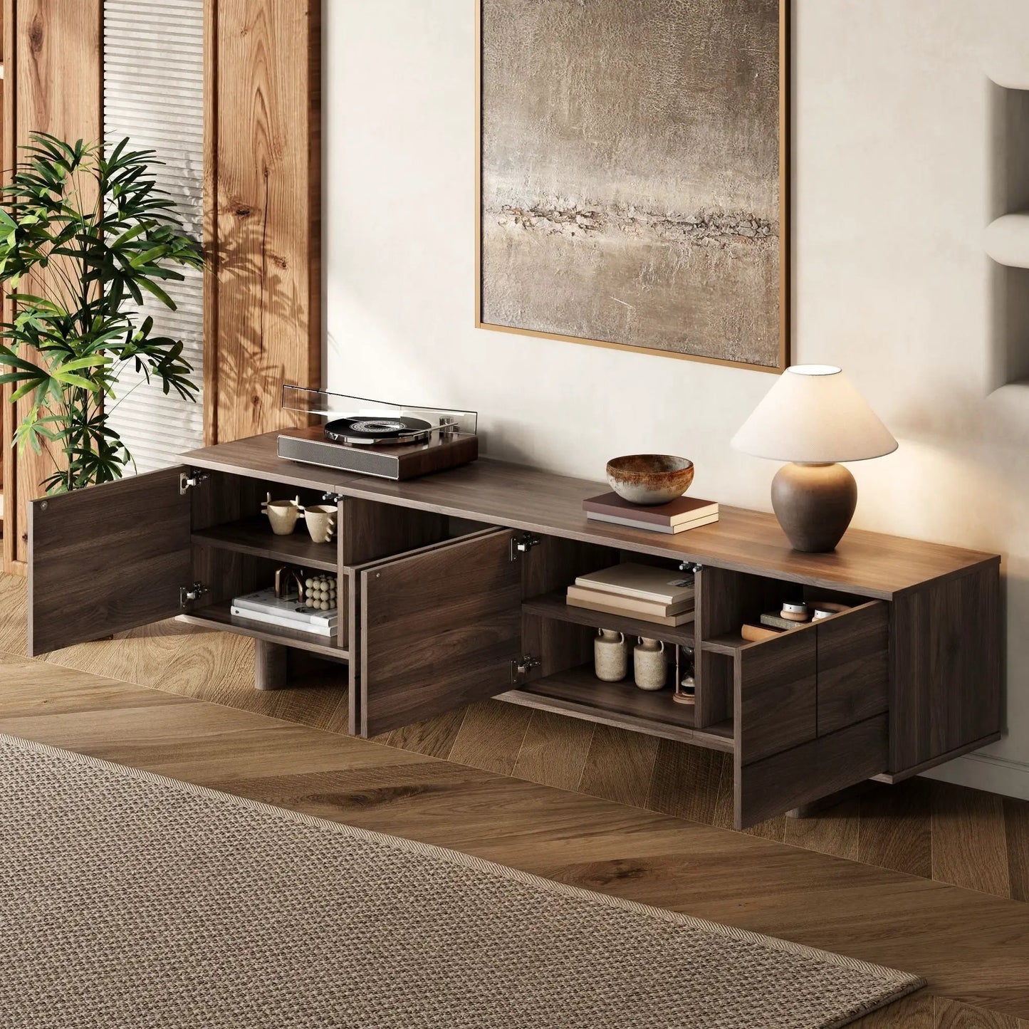 TV stand dark brown wood with open shelves and cabinet storage for media devices on Tampa Home & Garden Store