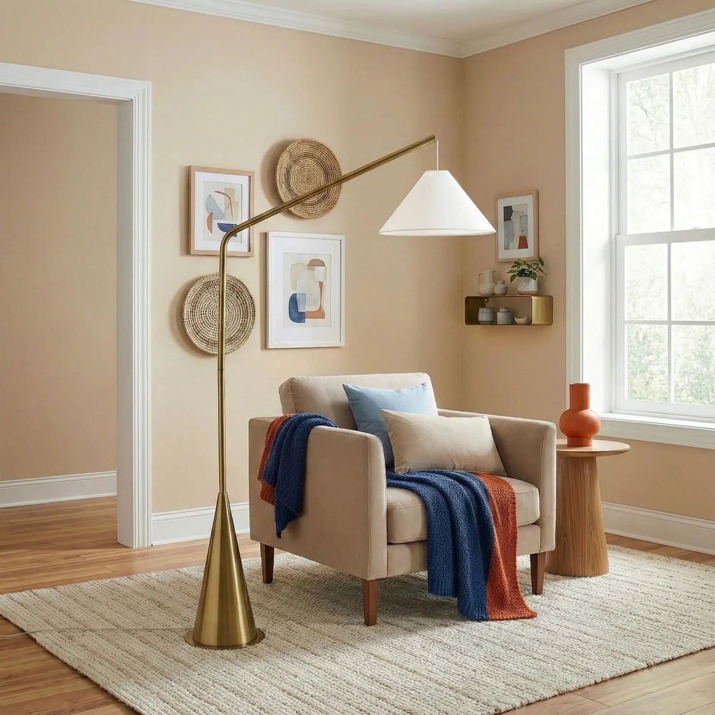Lisbon floor lamp with antique brass coned base and white conical shade on Tampa Home & Garden Store