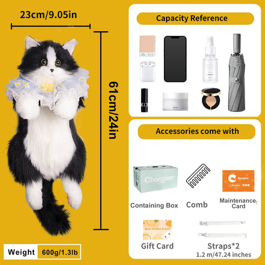 Tuxedo Cat Backpack by Chongker for cat fans, display with black-white cat and capacity panel on Tampa Home & Garden Store