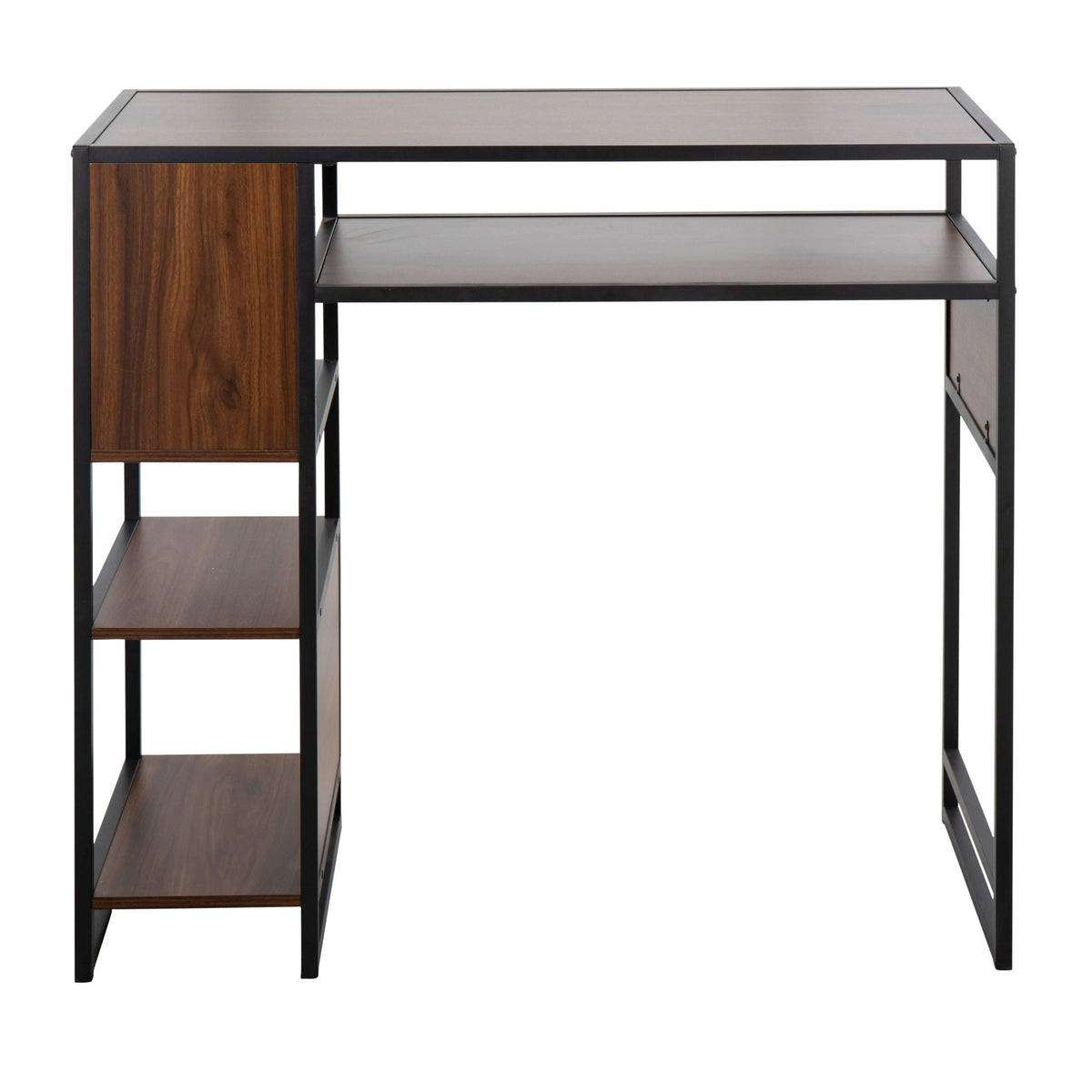 Farmhouse bar height table with storage, dark brown wood top and left cabinet, lower shelf, black metal frame on Tampa Home & Garden Store