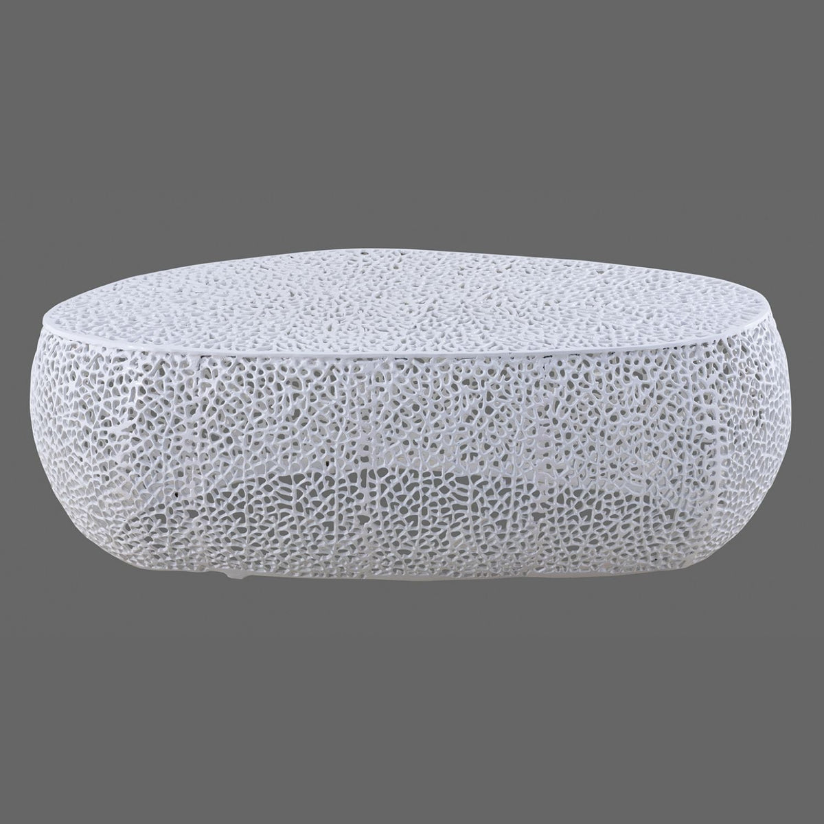 Oval coffee table in pearl white with a porous, lace-like lattice frame and top on Tampa Home & Garden Store