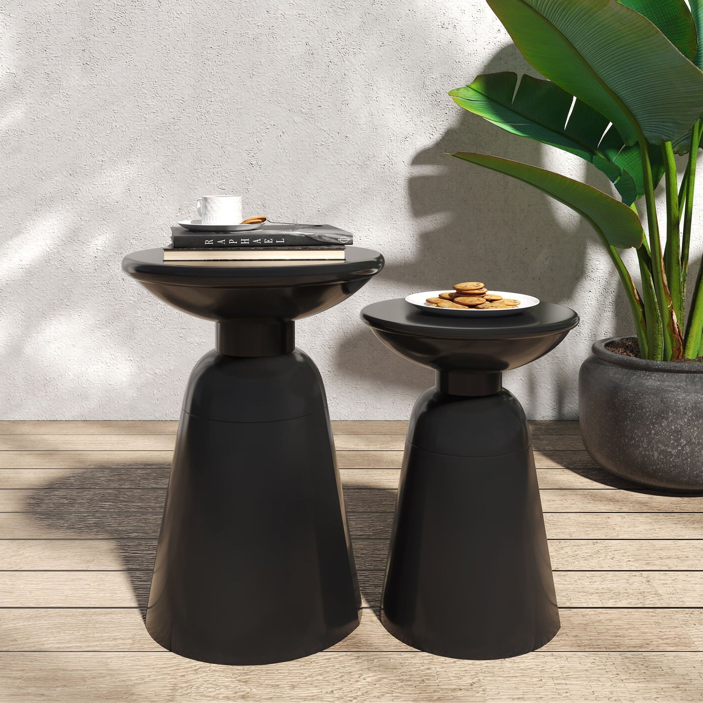 Serenita Outdoor Side Tables Set of 2 in black glossy finish with flared pedestal bases on Tampa Home & Garden Store