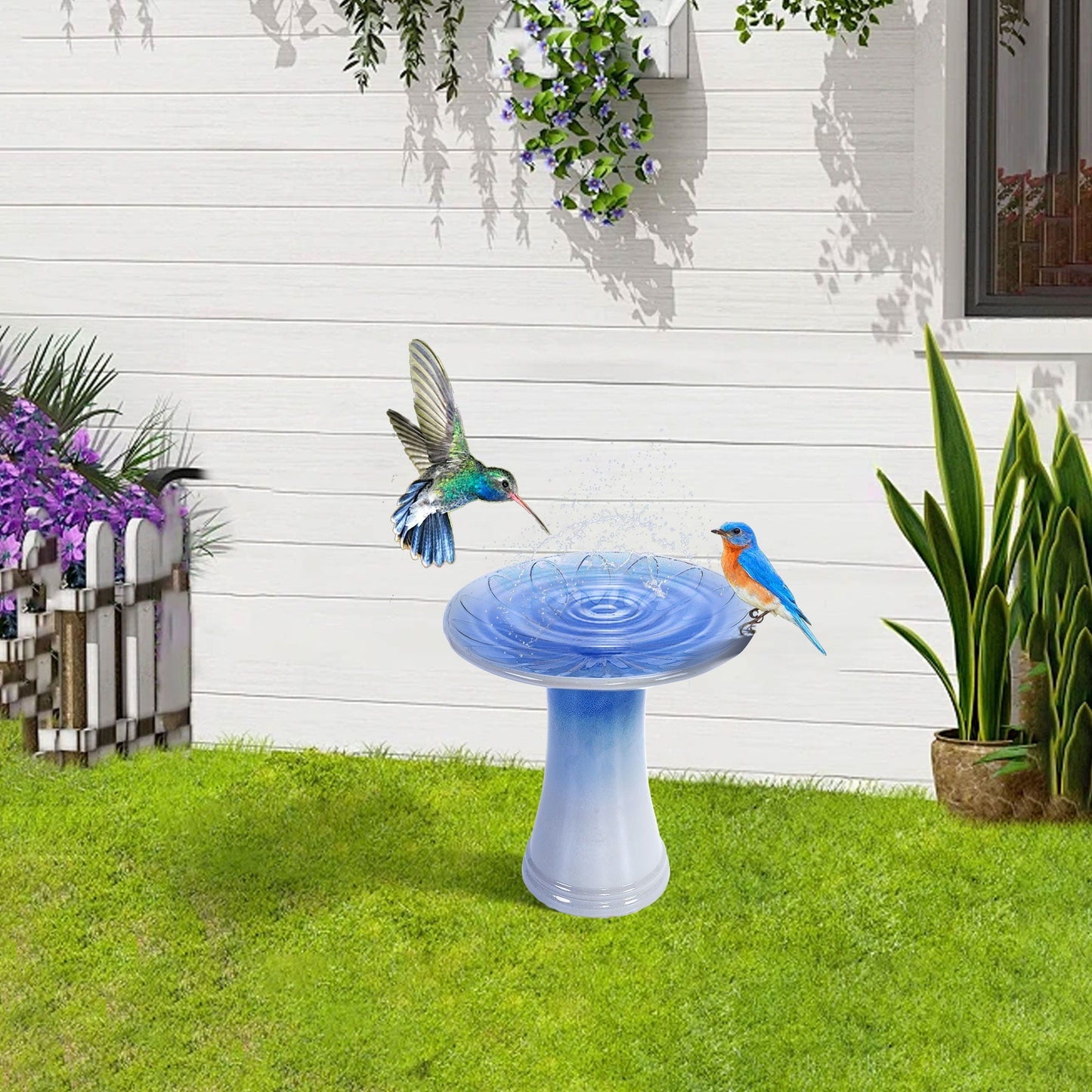 Ceramic Birdbath For Patio or Garden Blue Gray