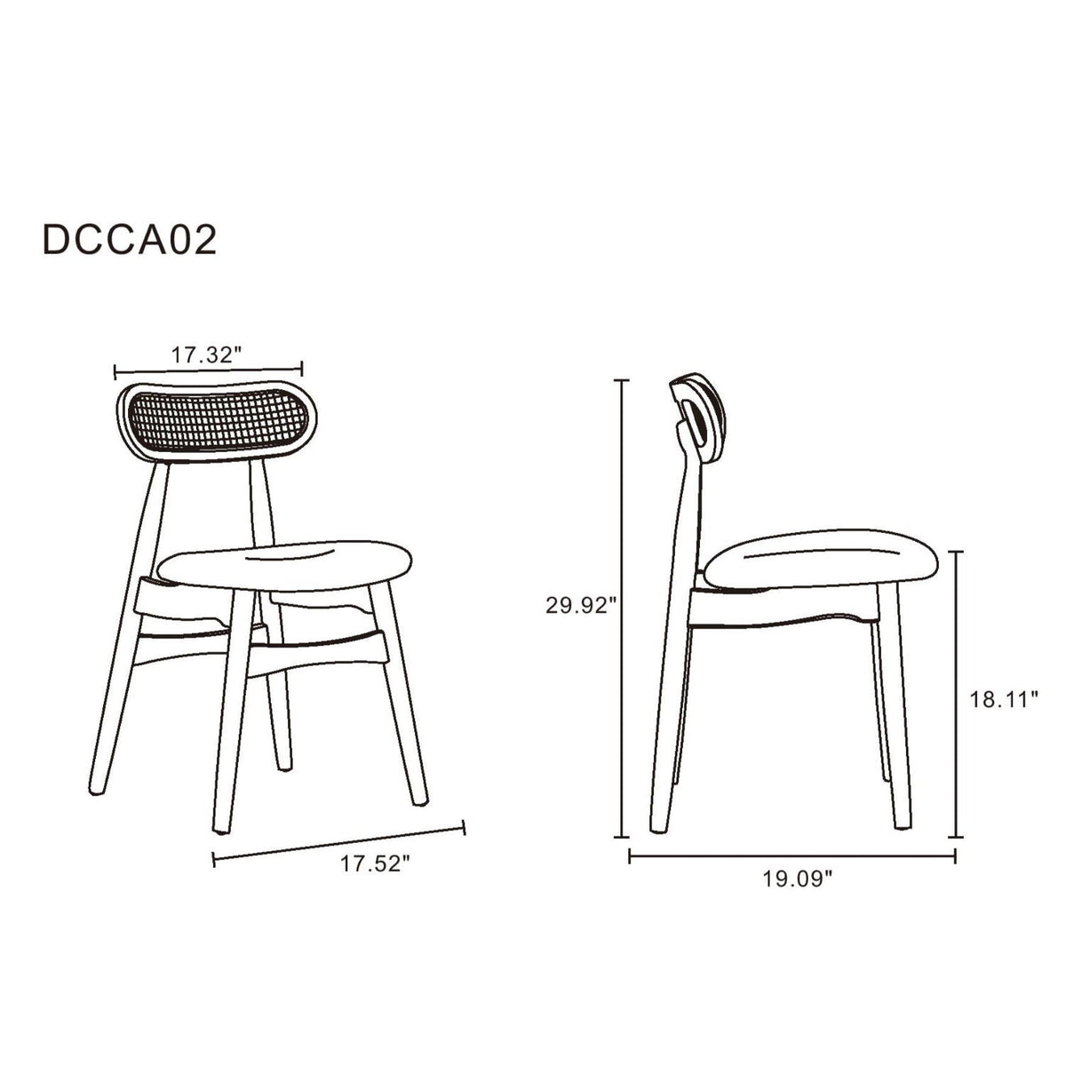 Dining chair set with cane backrest; two chairs with wooden legs in black or light brown finish on Tampa Home & Garden Store
