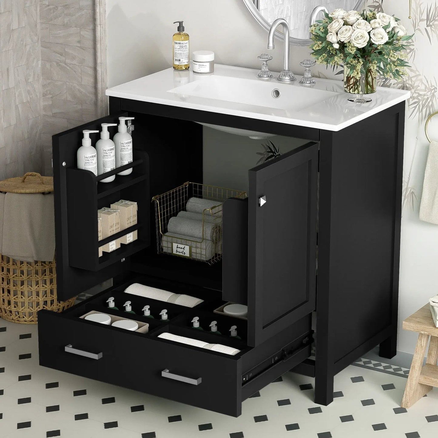 Bathroom vanity with single undermount sink, black cabinet, two doors and a drawer on Tampa Home & Garden Store