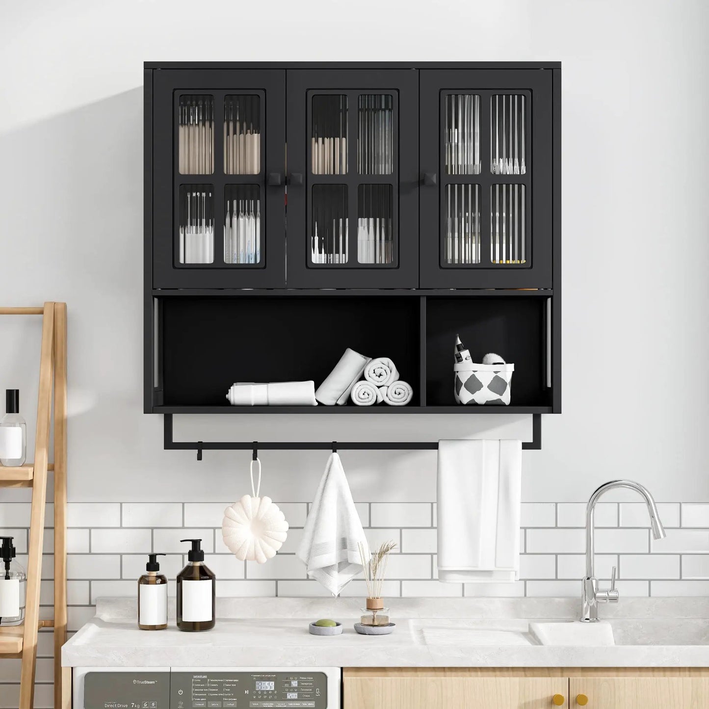 3 Door Wall Cabinet With Glass Doors And Towel Bar display cabinet Unique Piece Furniture on Tampa Home & Garden Store