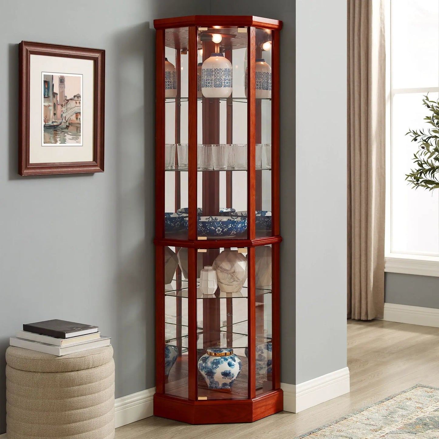 6-shelf lighted corner curio cabinet in cherry wood with tempered glass shelves and mirrored back on Tampa Home & Garden Store