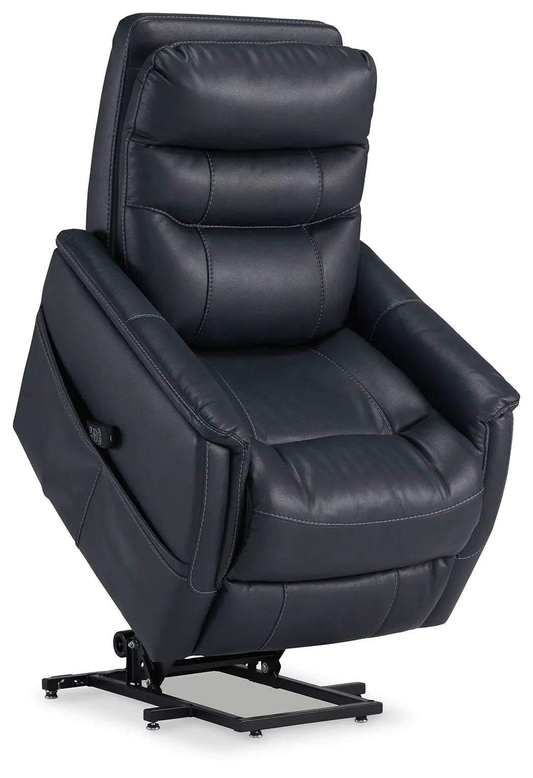 Strawbill power lift recliner in dark navy leather with padded headrest and armrests on Tampa Home & Garden Store