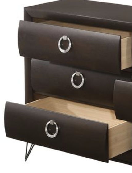 Three-drawer brown dresser with curved fronts, stainless steel ring pulls, V legs on Tampa Home & Garden Store