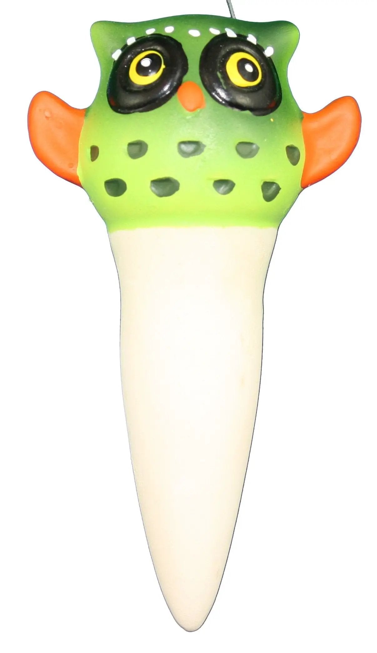 5 inch green terra cotta owl humidifier with orange ears and black-eyed face on a light base on Tampa Home & Garden Store