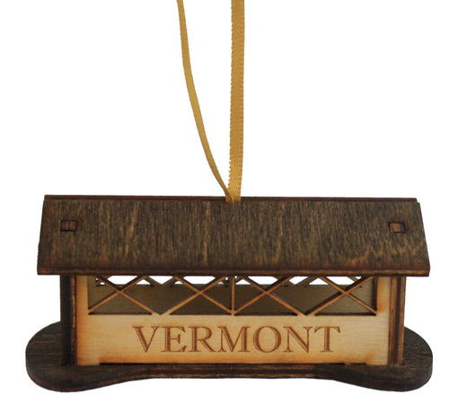 Wooden 3D Vermont Covered Bridge Ornament with brown finish and hanging ribbon on Tampa Home & Garden Store