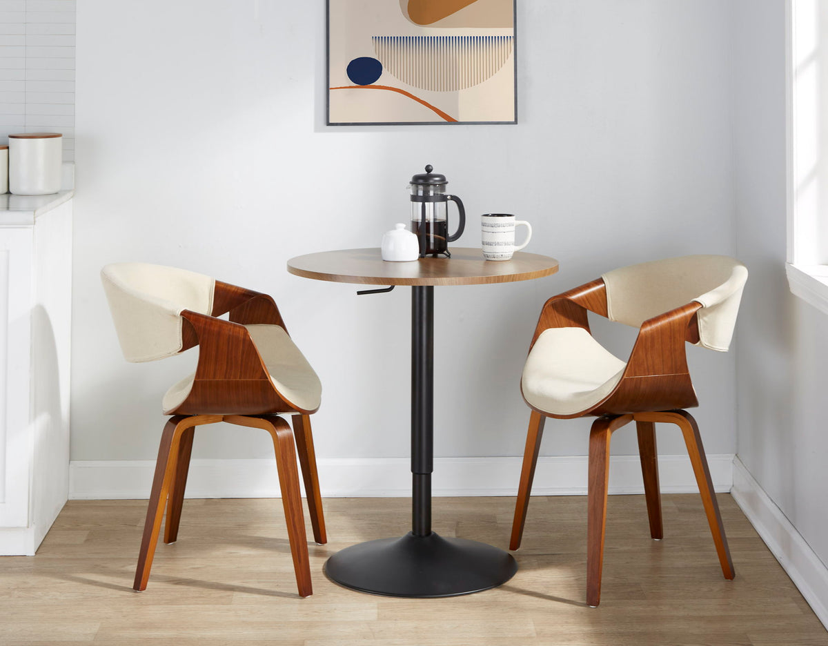 Contemporary adjustable bar table with hydraulic lift, wood top on black pedestal and cream chairs on Tampa Home & Garden Store