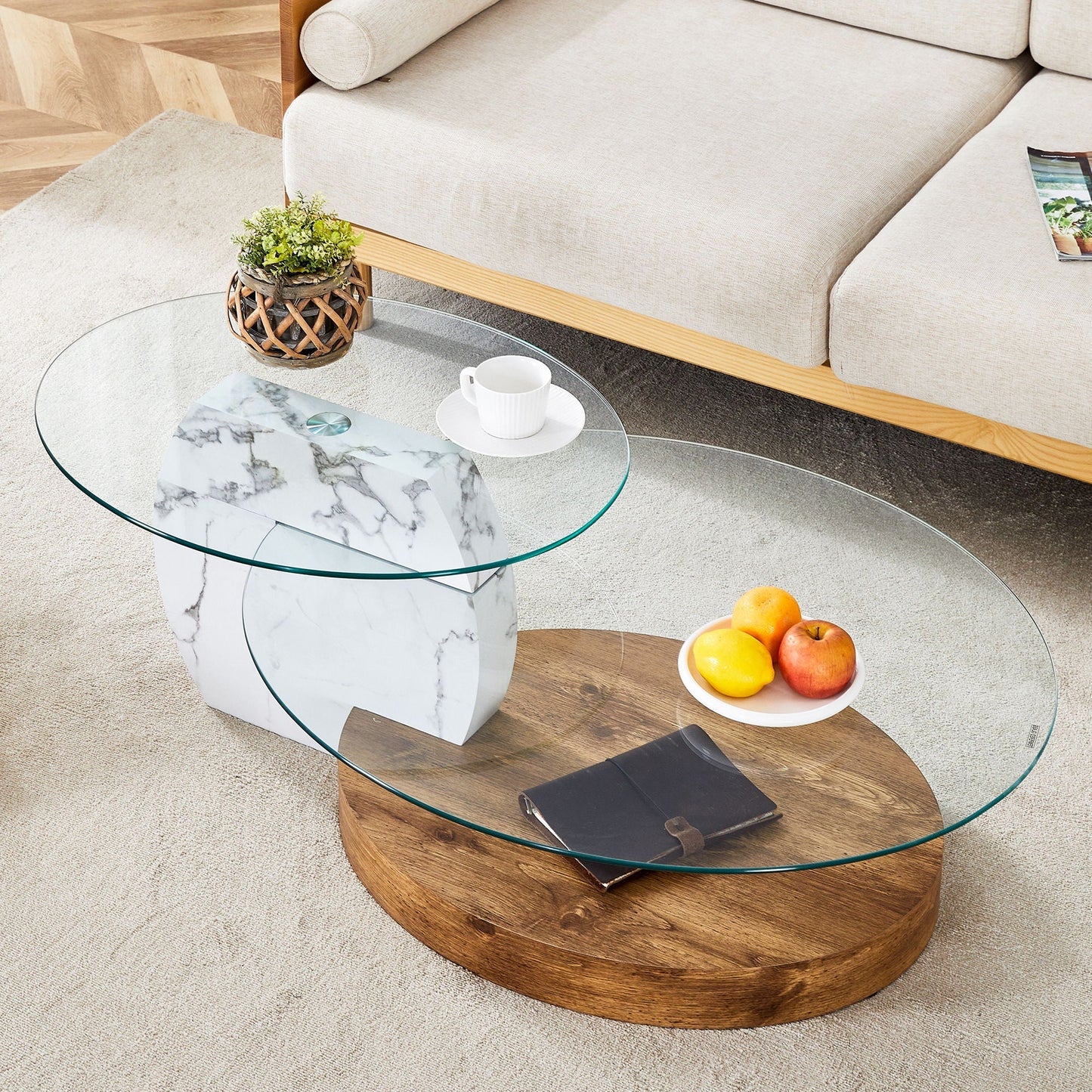 Contemporary Artistic Double Layer Coffee Table with tempered glass top and marble base on Tampa Home & Garden Store