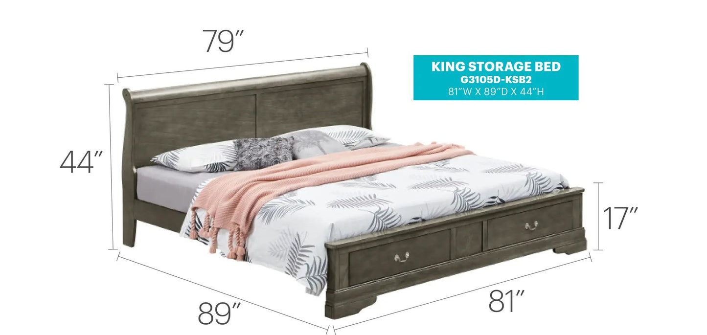 King upholstered panel sleigh storage bed with footboard drawers in brown finish on Tampa Home & Garden Store