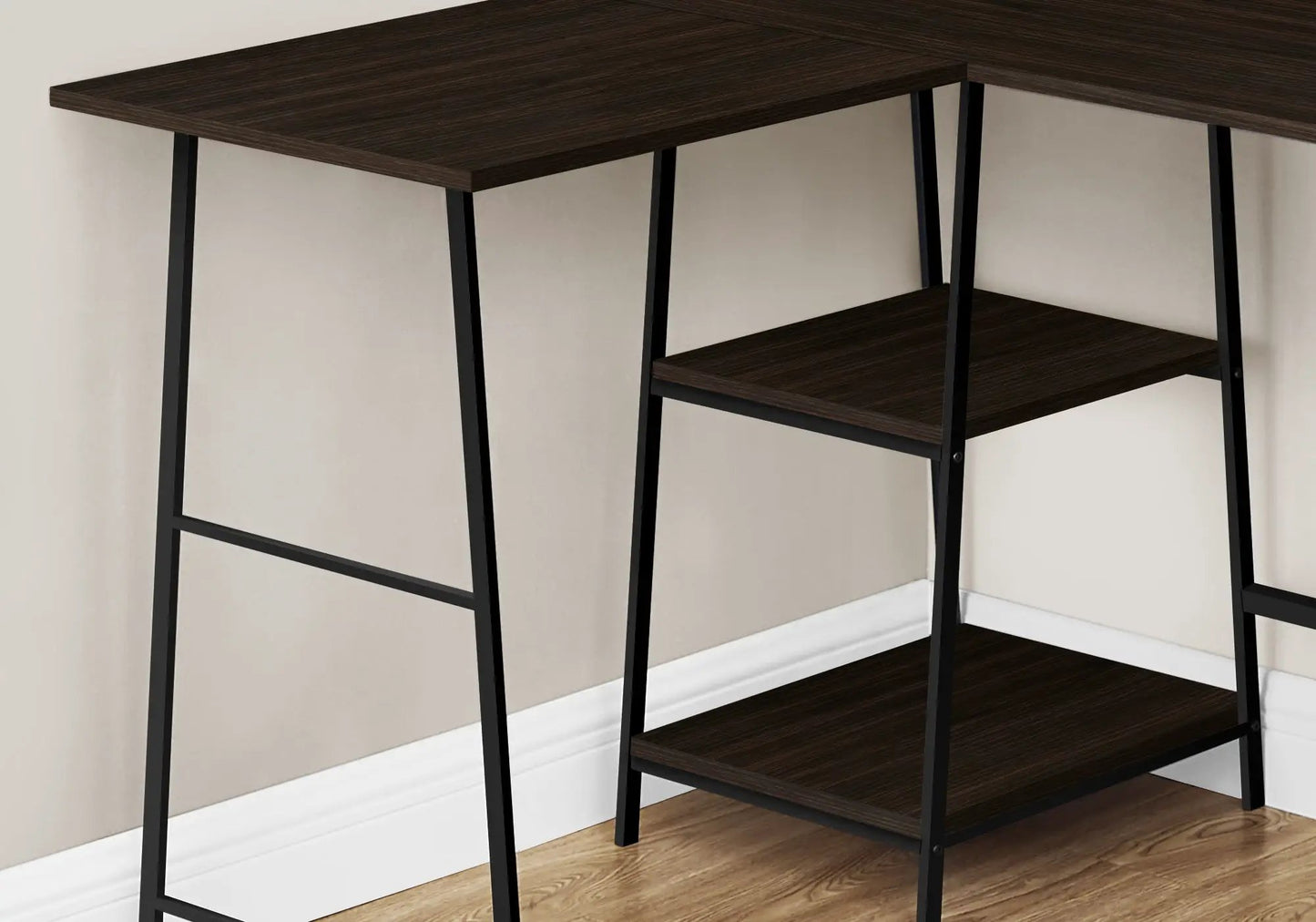 Corner computer desk with dark walnut finish top, black metal frame, and two storage shelves on Tampa Home & Garden Store