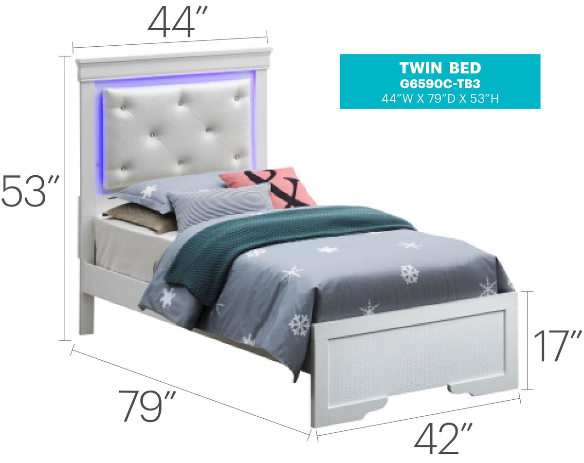 LED Elegant Bed twin upholstered bed with tufted white headboard and purple LED edge lighting on Tampa Home & Garden Store